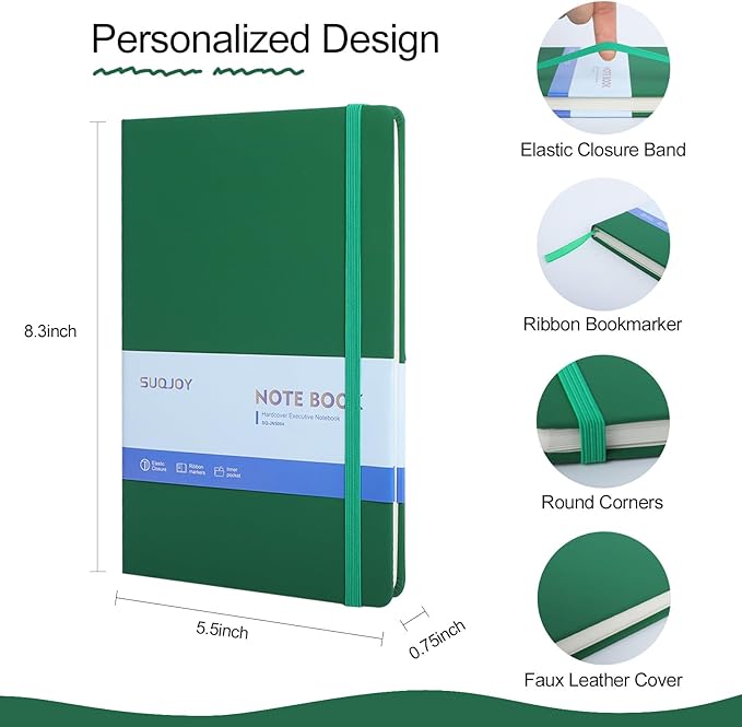 Lined Journal Notebooks, 4 Pack 160 Pages, 5.5x 8.2-Inch Journals for Women Men, Hardcover Notebook with 100 gsm Thick Paper, A5 Size College Ruled Notebook for Writing/Travel/Work (Green, 1 Pack)