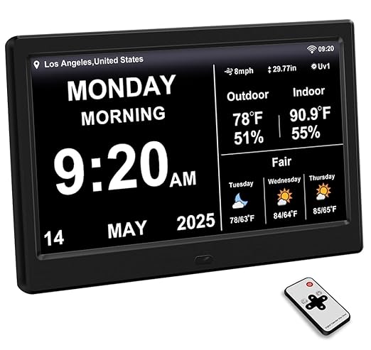 2025 New Digital Clock with Temperature/Humidity & Weather Forecast, Auto Time Sync Large Display, Custom Alarms & Medication Reminders, Ideal for Elderly(Black, 10.1-Inch)