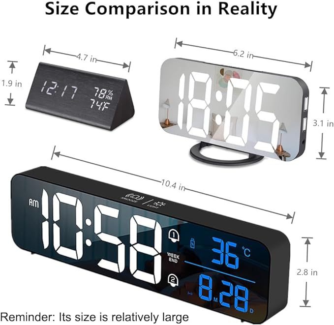 Digital Clock, Clock for Bedroom, Digital Wall Clock, Clocks for Living Room Decor, Desk Clock, Table Clock, Digital Clock Large Display, Smart Alarm Clock for Office Blue (Wired Black+Blue Digit)
