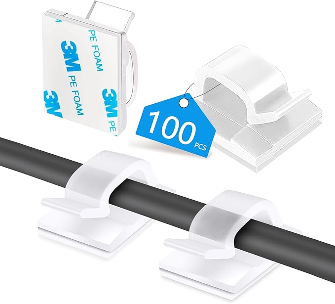100PCS Cable Clips, Adhesive Wire Clips Organizer Cord Clips Management, Cable Staples Outdoor Strong for Wall, Desk, Christmas Lights, String Lights, TV PC Ethernet Cable, Clear Small