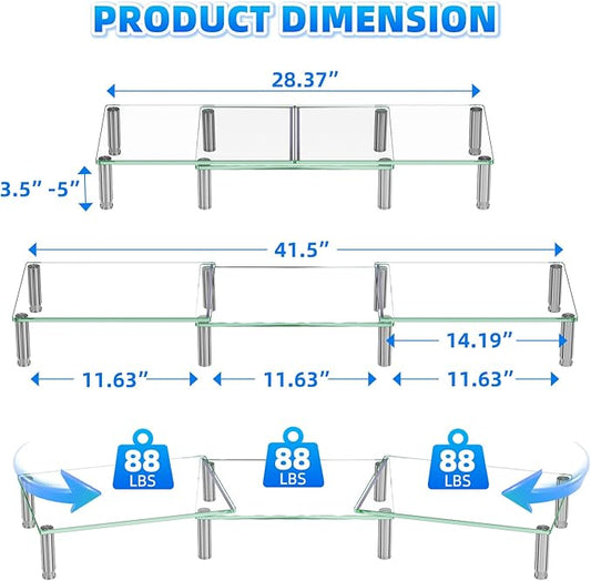 Simple Trending Dual Monitor Stand Riser, Computer Office Desktop Organizer for 2 Monitors with Tempered Glass, Adjustable Length and Angle Stand for Laptop,Printer,TV