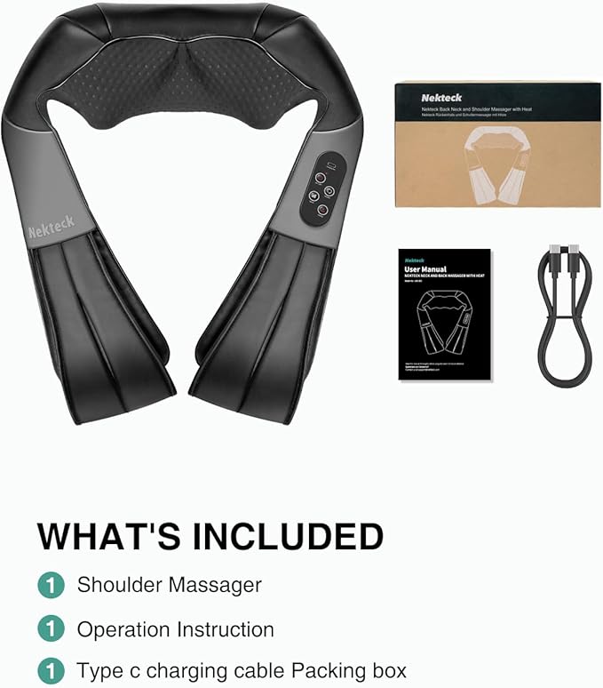 Nekteck Cordless Shiatsu Neck and Back Massager with Soothing Heat, Electric Deep Tissue 3D Kneading Massage Pillow for Shoulder Leg Body Muscle Pain Relief, Home Office and Car Use