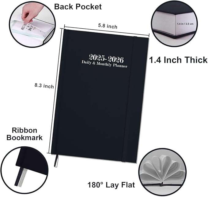 2025-2026 Daily & Monthly Planner - 2025 2026 Academic Year Planner One Page Per Day from July 2025 to June 2026, Hourly Appointment Book Perfect Organizer Daily Life, Fabric Cover, 5.8'' x 8.3'', Black