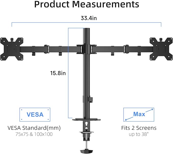 Suptek Dual Monitor Arm Desk Mount,Ultrawide Dual Monitor Arm for 2 Monitor Screens up to 38 inches and Max 22lbs Each,Extra Tall 15.75" Pole Fully Adjustable Monitor Stand for Desk,Black(MD9442MB)