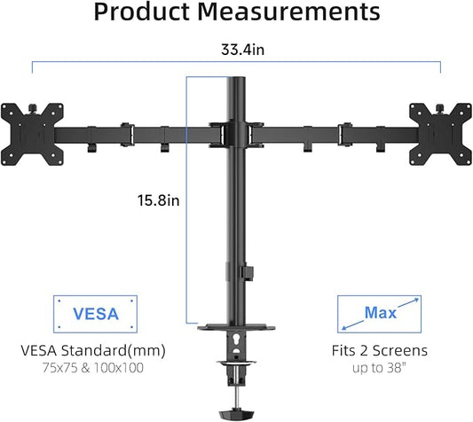Suptek Dual Monitor Arm Desk Mount,Ultrawide Dual Monitor Arm for 2 Monitor Screens up to 38 inches and Max 22lbs Each,Extra Tall 15.75" Pole Fully Adjustable Monitor Stand for Desk,Black(MD9442MB)