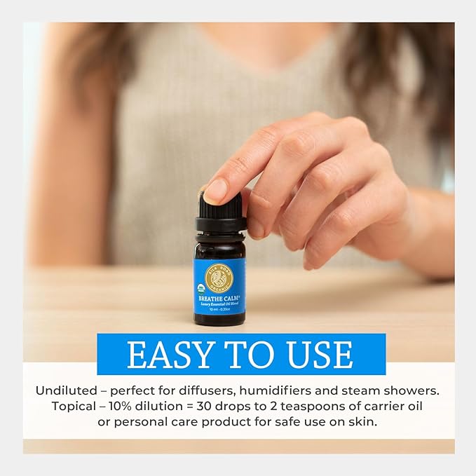 Silk Road Organic Breathe Calm Essential Oil Breathe Easy Blend, 100% Pure USDA Certified Aromatherapy for Cold, Cough, Congestion, Allergy Relief, & Wellness - 10 ml Dropper