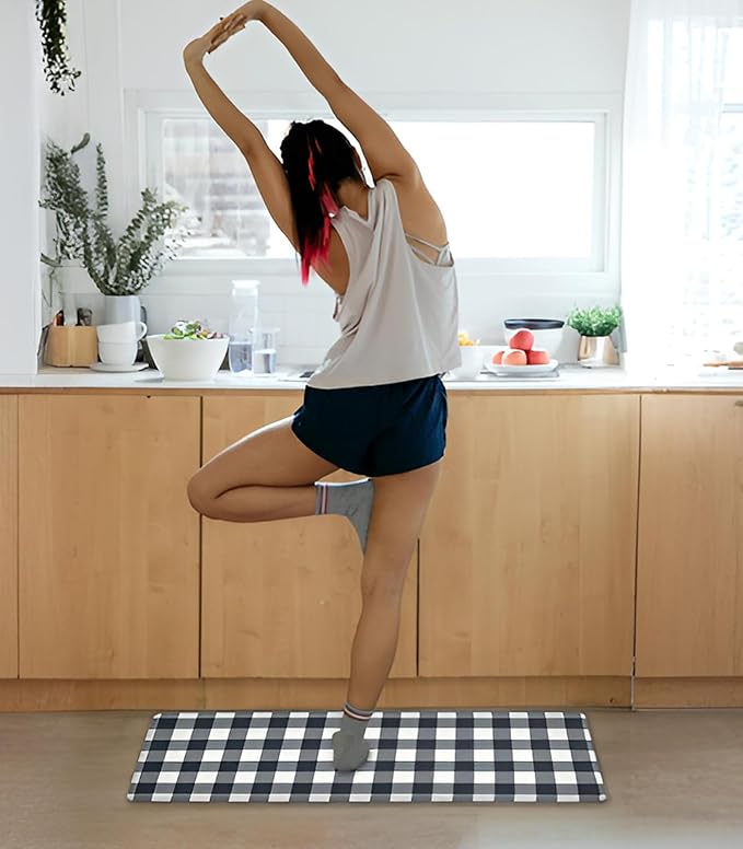 Anti Fatigue Kitchen Rugs Farmhouse Kitchen Mats for Floor,Cushioned Non-Slip Waterproof Comfort Rug Standing Mat for Kitchen,Floor,Home,Office,Sink,Laundry,Plaid Black,17.3"x47.2"