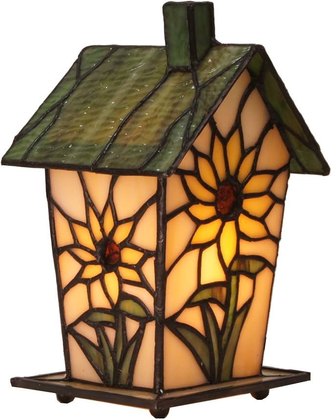 Bieye L10781 Tiffany Style Stained Glass Birdhouse Table Lamp for Home Decor (7-inch High, Sunflower)