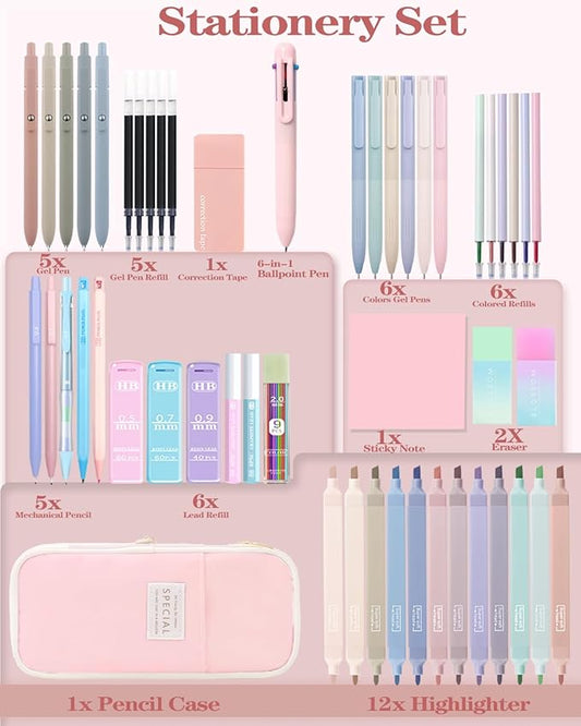 54Pcs Aesthetic School Supplies Set with Large Pastel Pencil Case 12 Dual Tip Highlighters, 6 Gel Pens, 5 Black Pens, 5 Mechanical Pencils (0.5-2.0mm) - Nursing School & College Essentials Gifts