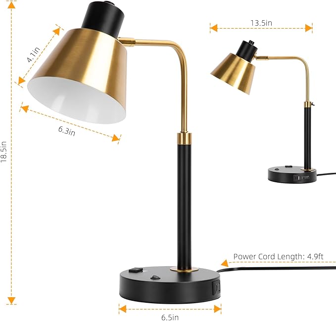 Desk Lamp - Heavy Duty Metal Task Light, USB-C & AC Outlet, Easy Assembly with Cord Guide, Adjustable Head for Office Home Study, Matte Black & Brushed Brass (Bulb Not Included)