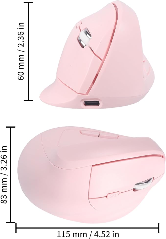 Ergonomic Vertical Mouse, Bluetooth Mouse Dual Mode Wireless Rechargeable Mice Support 2 Devices (Bluetooth or USB), 1600 DPI Silent Mice 6 Button Computer for Laptop, PC,MacBook, iPad,Mac-Pink