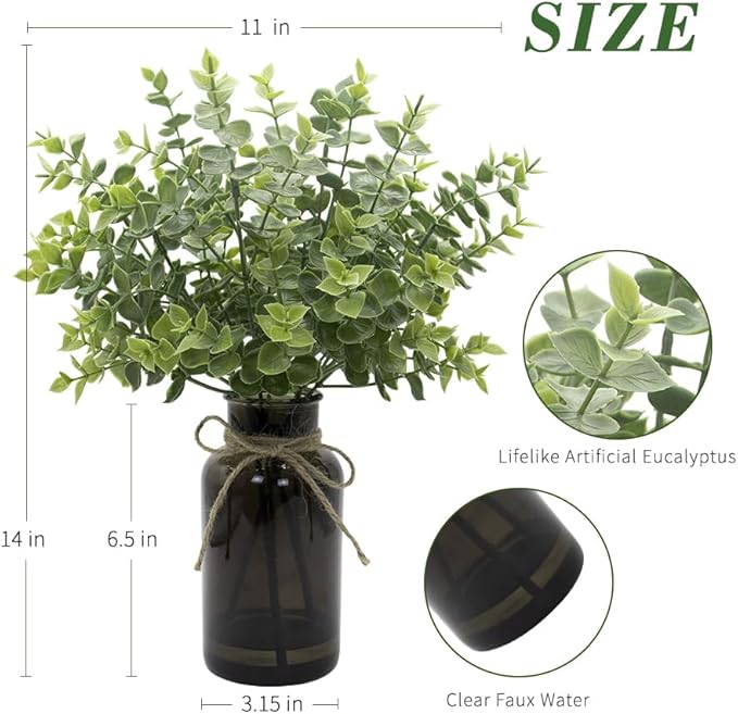 Fake Eucalyptus Stems in Black Glass Vase with Faux Water,14" Artificial Plants Eucalyptus Leaves for Home Office, Farmhouse and Wedding Centerpieces(Green)