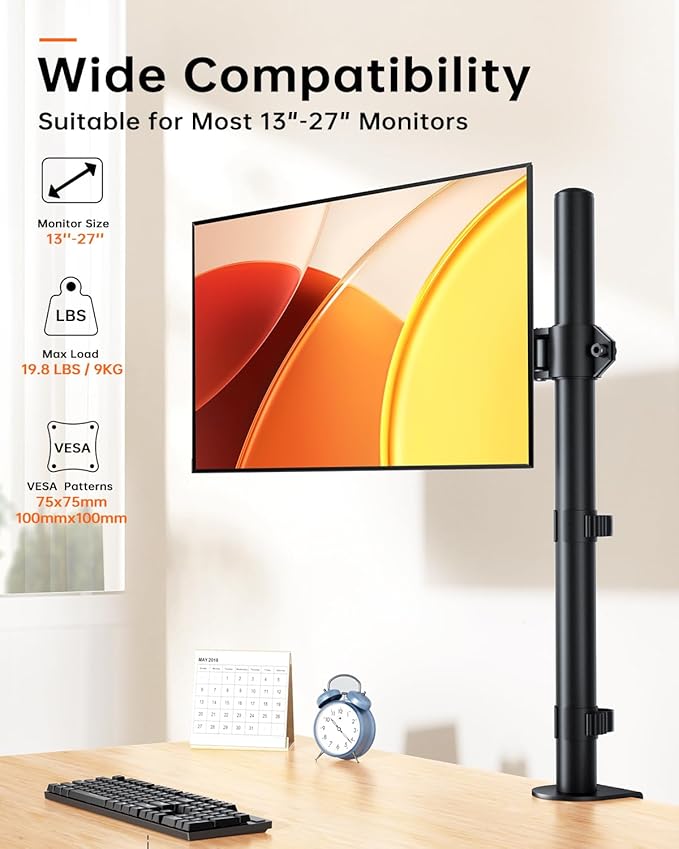 Single Monitor Stand for 13-27'' Wide Monitor Desk Arm up to 17.6lbs Adjustable Stacked Double Mount with C-Clamp 75x75/100x100 VESA