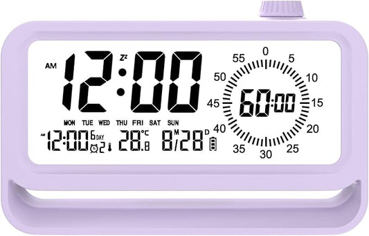 Digital Alarm Clock Night Light Visual Timer, LCD Time Reminder with 3 Alarms, Snooze,Temperature Display, Ideal for Family Education Teaching and Time Management Gifts for Kids (Purple)