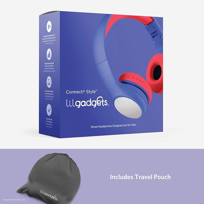 LilGadgets Connect+ Style On-Ear Kids Headphones with Microphone - SharePort Technology, SoftTouch Padding, Detachable Cable, Noise Reduction, Durable & Adjustable - Blue/Red Headphones for Kids