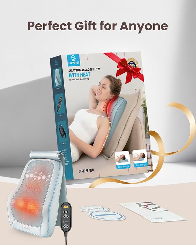 COMFIER Shiatsu Back Massager with Heat, Neck and Back Massager for Pain Relief Deep Tissue,Gift for Men Women Home Office Use-Blue