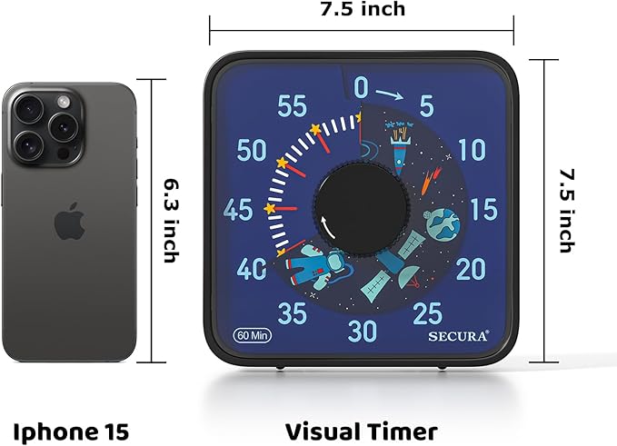 Secura 7.5-Inch Astronaut Pattern Visual Timer for Kids, 60-Minute Countdown Timer for Classroom or Kitchen, Durable Mechanical Timer Clock with Magnetic Backing (Black)