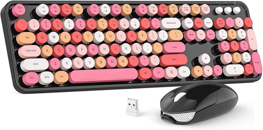 Wireless Keyboard and Mouse Combo, MOWUX Colorful Computer Full Size 2.4G Plug and Play Wireless Typewriter Keyboard and Mouse Set for Windows, Computer, Desktop, PC, Notebook (Black Colorful)