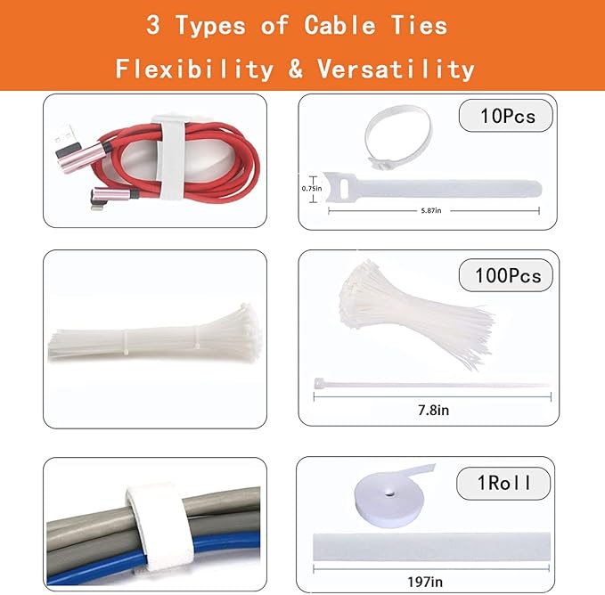 319pcs Cable Management Organizer Kit, Desk Cord Organizer, 98 Adhesive Cable Clips Holder, 17 Reusable Cable Strap, 4 Cable Sleeve Split, and 200 Nylon Cable Zip Ties (White)