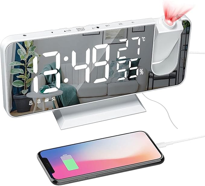 Projection Alarm Clock for Bedroom, Digital Alarm Clock with USB Charger, 7.4" Large LED Mirror Display Radio Alarm Clock, Dual Smart Alarm with Projection on Ceiling, White