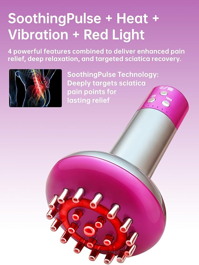Sciatica Pain Relief Device – Deep Tissue Massager for Sciatica, Nerve, Back, Leg, Hip & Muscle Pain Relief with Pulse, Heat, Vibration, Red Light, Purple