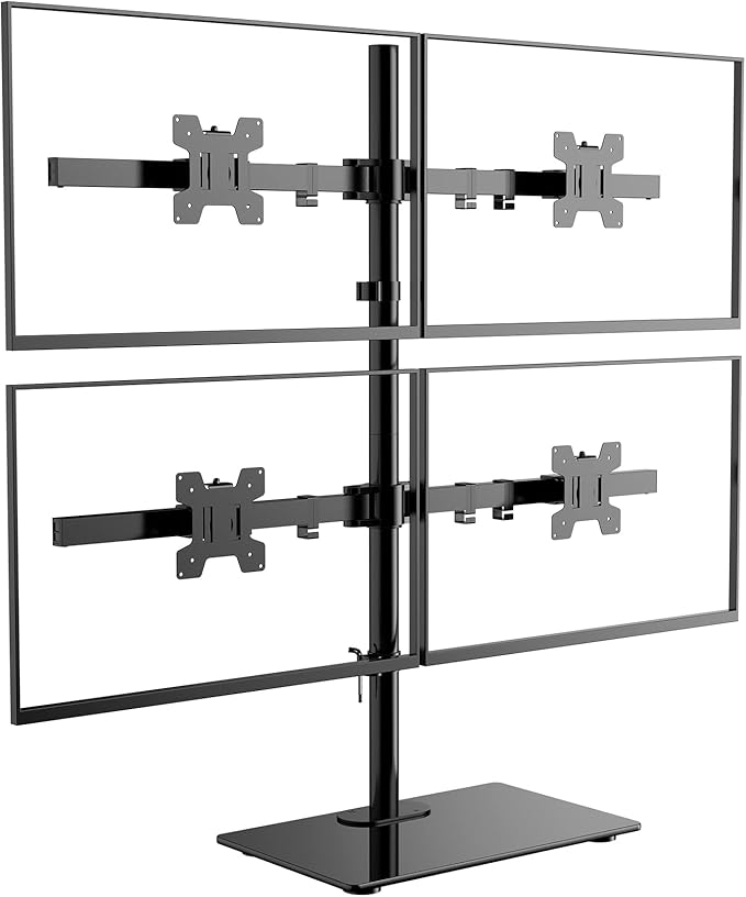 WALI Freestanding Quad Monitor Mount for 17-27 Inch Screens, Fully Adjustable 4 Monitor Stand with Swivel, Tilt, Rotation, Glass Base, Max Load 22 lbs per Arm (GMF004), Black