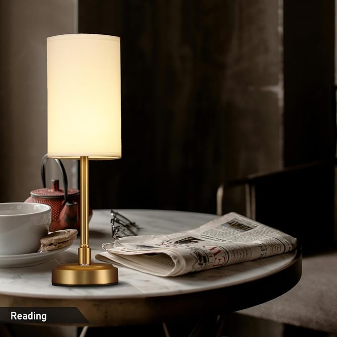 Set of 2 Small Touch Nightstand Lamp Rechargeable Battery Operated Cordless LED Table Lamp, Portable 3 Colors Stepless Dimmable Fabric Desk Light for Restaurant/Bedroom/Outdoor (White+Brass)