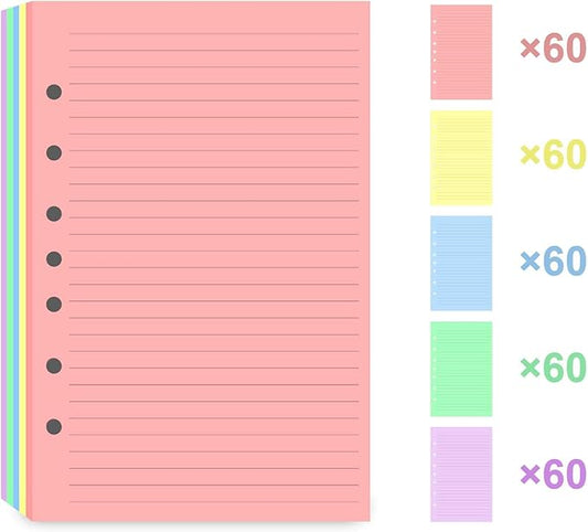 (3 Pack)7-Hole Lined Refills Paper, A5 Filler Paper for Planner Inserts, A5 Loose Leaf Paper, 5 Colors(60 Sheets/C), Total 300 Sheets/600 Pages, College Ruled, 5.5 X 8.5 Inch
