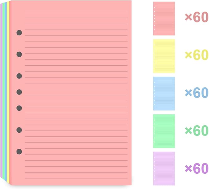 (3 Pack)7-Hole Lined Refills Paper, A5 Filler Paper for Planner Inserts, A5 Loose Leaf Paper, 5 Colors(60 Sheets/C), Total 300 Sheets/600 Pages, College Ruled, 5.5 X 8.5 Inch
