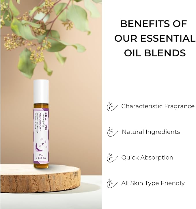Benatu Bedtime Essential Oil Roll On Blend (with Tangerine, Lavender, Marjoram Oil)- Travel Size Relaxing Roller for Body Topical Massage, Natural Scent Aromatherapy Gift for Women & Men 10ml