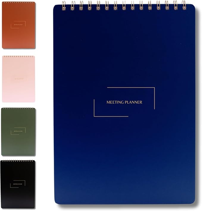| Meeting Notebook for Work | 8.25" x 11.75" | Project Planner | Simple Design | Multiple Layouts | Office and Business Planner (Navy, Meeting Planner - Portrait)