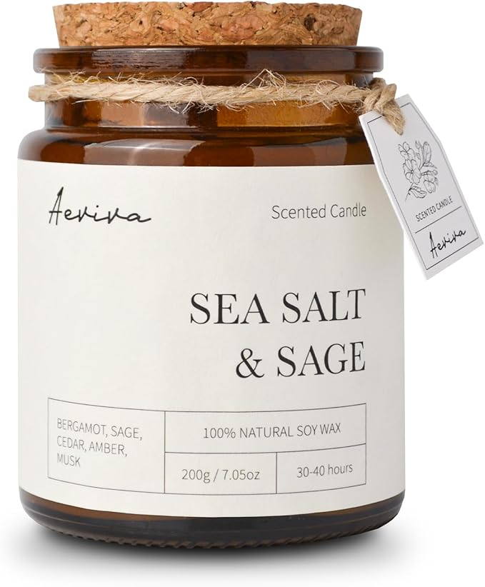 Scented Candle, 7.05 oz Sea Salt & Sage Aromatherapy Candle, Natural Soy Wax with Wooden Wick, Candles for Home Scented, Stress Relief Amber Jar Candle Gifts