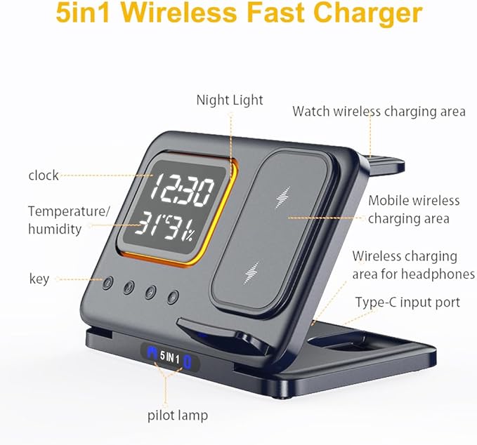 IHAO 5in1 Multi Functional Wireless Charging Station with Digital Clock 15W Fast Charge Night Light Temperature Display Wireless Charger for All Qi Phone and TWS Headphone Compliant with i-Watch