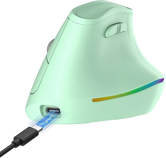 57° Wireless Ergonomic Mouse, Vertical Mouse, Carpal Tunnel Mouse, RGB Light, Rechargeable, Bluetooth & 2.4G, 5-level DPI Adjustment, Quiet Click Ergo Mice Compatible with PC, Laptop, Mac, Green