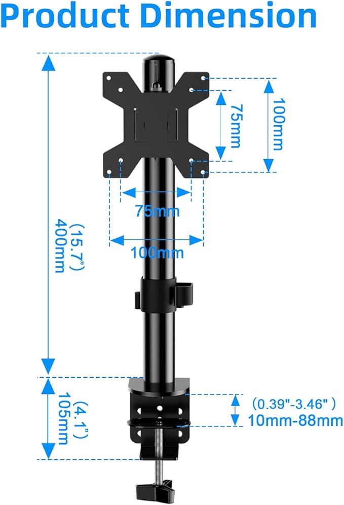 H&C(hcck&Cllassp) Single Monitor Stand for 13-27" Monitors up to 17.6lbs, Adjustable Heights and Angles Monitor Arm, Desk Mount Stand with C-Clamp, VESA 75x75mm or 100x100mm, Black