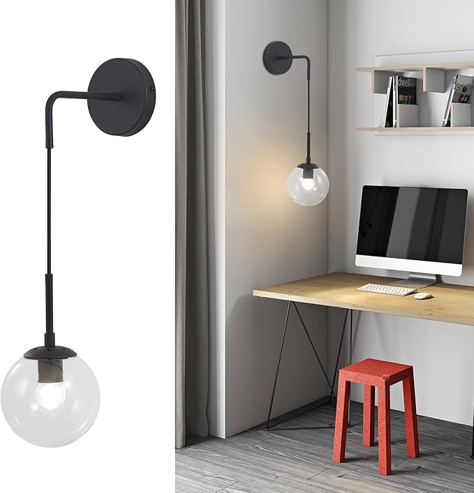 BOKT Mid Century Modern Black Wall Sconce Light Clear Glass Globe Ball Wall Lighting Minimalist Adjustable Bedside Wall Lamp 1-Light Vanity Bathroom Wall Light Fixture (Black+Clear)