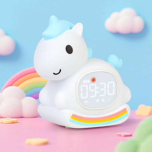 Alarm Clock with Night Light for Kids with Sleep Training and Sound Machine, Rechargeable Silicone Lamp OK to Wake Clock,Cute Animal Tabletop Lamp, Perfect Sleep Companion for Boys Girls,Blue Pony