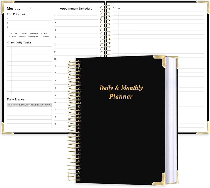 Undated Daily Monthly Planner for 2025 2026 - A4 To Do List with Hourly Schedule, Hardcover Spiral Bound Daily Planner to Increase Focus, Stylish School/Office Supplies, 8.5" x 11", Black