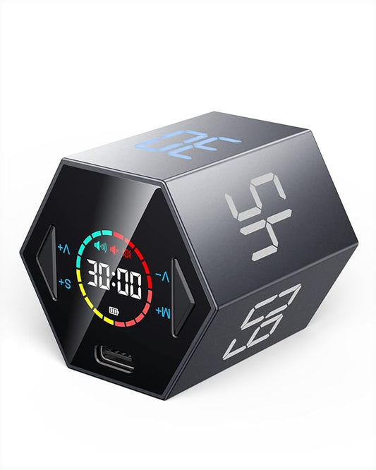 Pomodoro Timer Cube, Hexagon Productivity Timer, Pause & Resume, Silent, Vibrate & Adjustable Sound Alert, for ADHD, Task, Work, Study, 5/15/25/30/45/60min & Custom Countdown,Gray