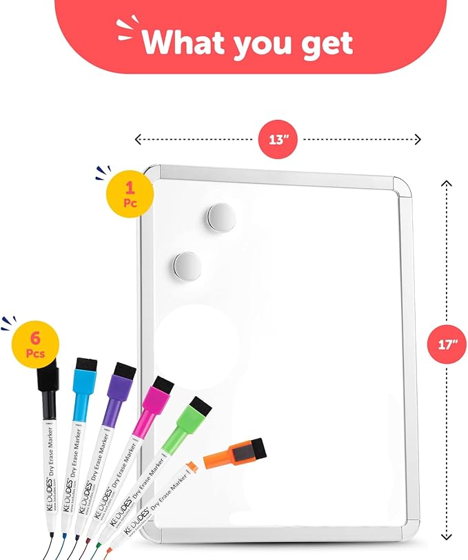 Kedudes Magnetic White Board - 13 x 17 Dry Erase Board with 6 Assorted Color Markers - Reusable and Easy to Erase for Classroom, Home, and Office Organization