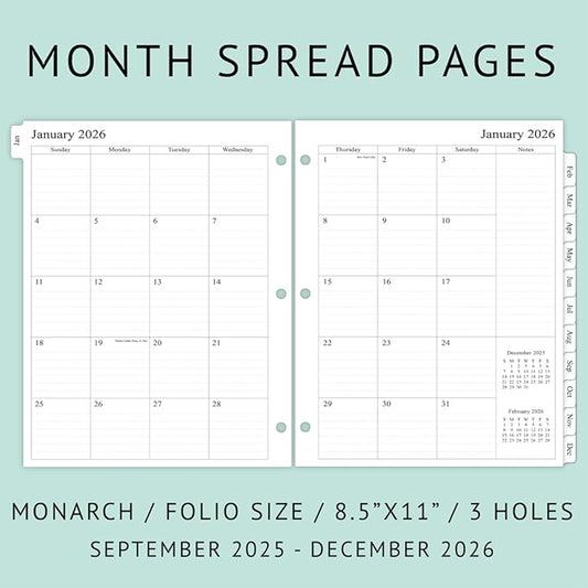 newestor 2025-2026 Monthly Planner Refill for 3 Ring Binder, Sep 2025 - Dec 2026, Two Pages Per Month, 8-1/2" x 11", Monarch/Folio Size 5