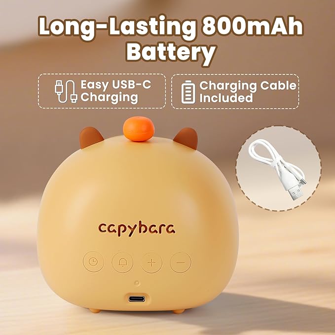 Capybara Alarm Clock with Night Light for Kids – Cute Digital Sleep Trainer with LED Display, 3 Alarms, Countdown Timer, Adjustable Brightness – Rechargeable Bedside Clock for Boys and Girls
