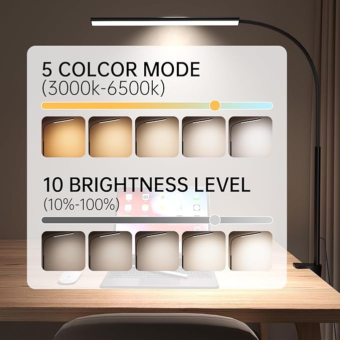 LED Desk Lamp with Clamp, Eye-Protection Clip on Desk Lamp, 5 Modes 10 Brightness Adjustment, 360°Flexible Gooseneck Lamp for Home Office, Lamps with USB Adapter,Black