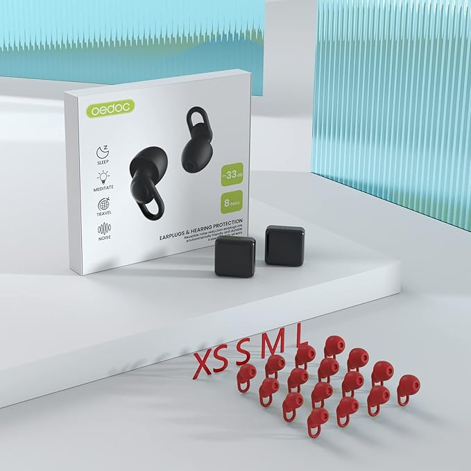 Silicone Ear Plugs for Noise Reduction - Reusable Soft Comfortable Earplugs for Sleeping,Noise Sensitivity & Flights -16 Ear Tips in XS/S/M/L, with 2 Travel Boxes - 33dB Noise Cancelling (Red)