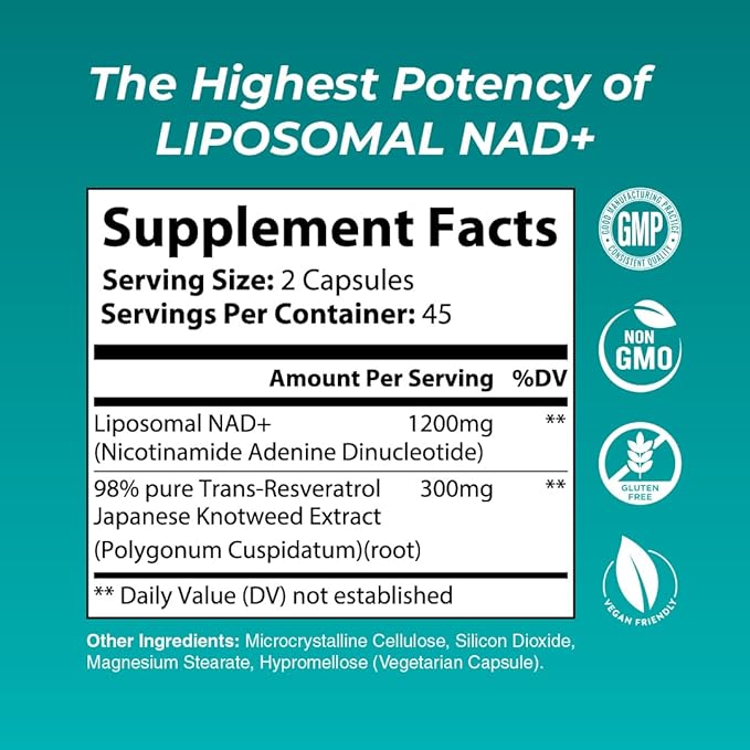 Liposomal NAD+ Supplement | Highest Rated NAD Supplements for Women & Men with Resveratrol and Japanese Knotweed Extract, Support Stamina, Metabolic Repair | Vegan, Gluten Free, Non-GMO, 90 Capsule
