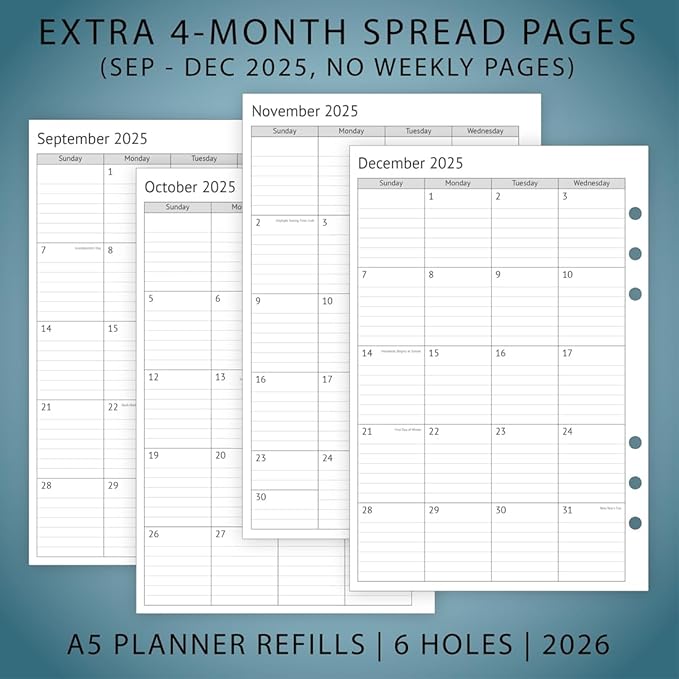 newestor 2026 A5 Planner Inserts, Filofax A5 Compatible, Weekly and Monthly Appointment Book Pages, Tabbed, 6 Holes