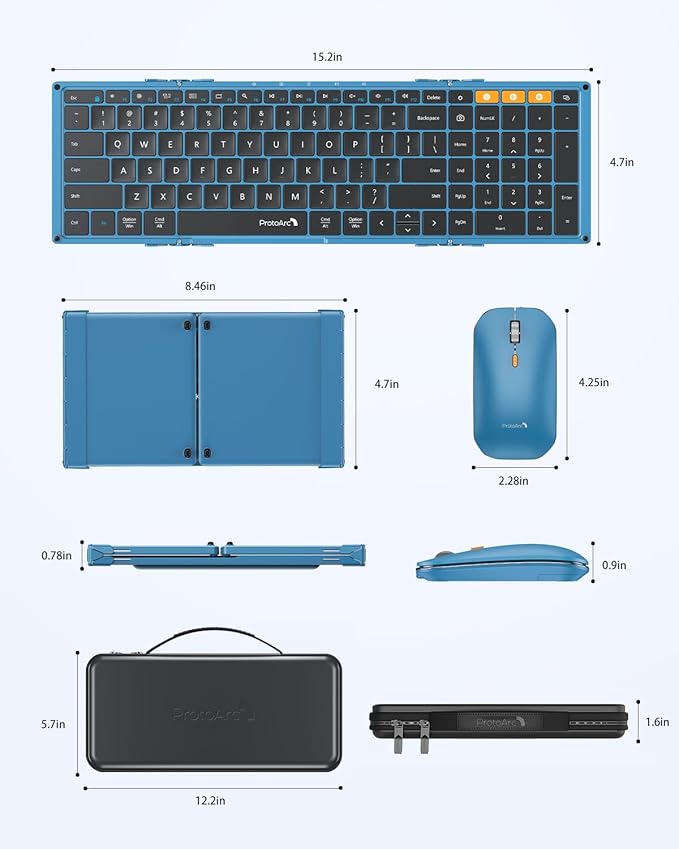 ProtoArc Foldable Keyboard and Mouse, XKM01 True Full-Size Folding Wireless Keyboard Mouse Combo for Business Travel, a Portable Office Suite On-The-Go, Compatible with Laptop iPad Tablet - Blue