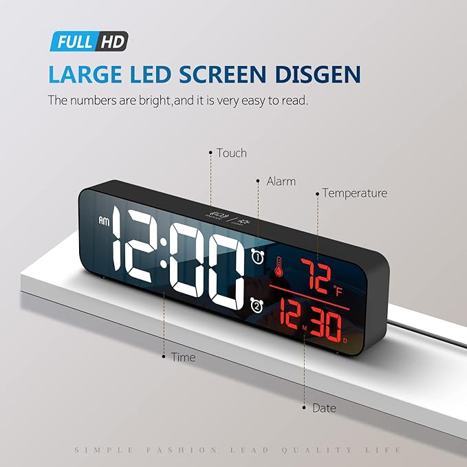Digital Clock, Clock for Bedroom, Digital Wall Clock, Clocks for Living Room Decor, Desk Clock, Table Clock, Digital Clock Large Display, Smart Alarm Clock for Office Red (Wired Black+Red Digit)