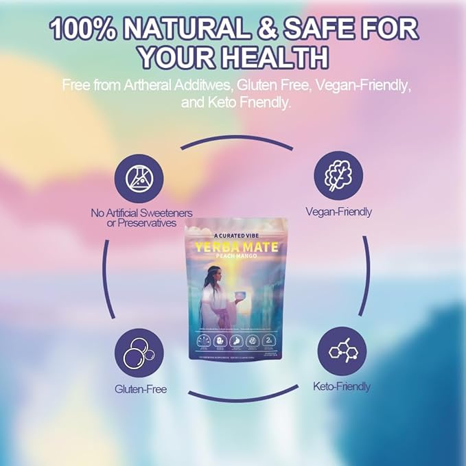 Yerba Mate Instant Tea Powder - Peach-Mango Flavor Super Drink - 4-in-1 Functional Blend with Prebiotics - Mental Clarity - Clean Energy & Digestive Support - 30 Servings