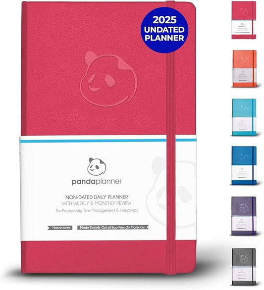 Panda Planner Classic Daily Planner 2025-2026 – Undated Productivity Planner & Hourly Schedule Notebook – Day Planner for Focus, Goals & Organization – Raspberry